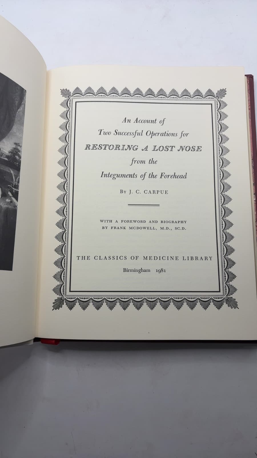 An Account of Two Successful Operations for Restoring a Lost Nose from the Integuments of the Forehead by J. C. Carpue - title page