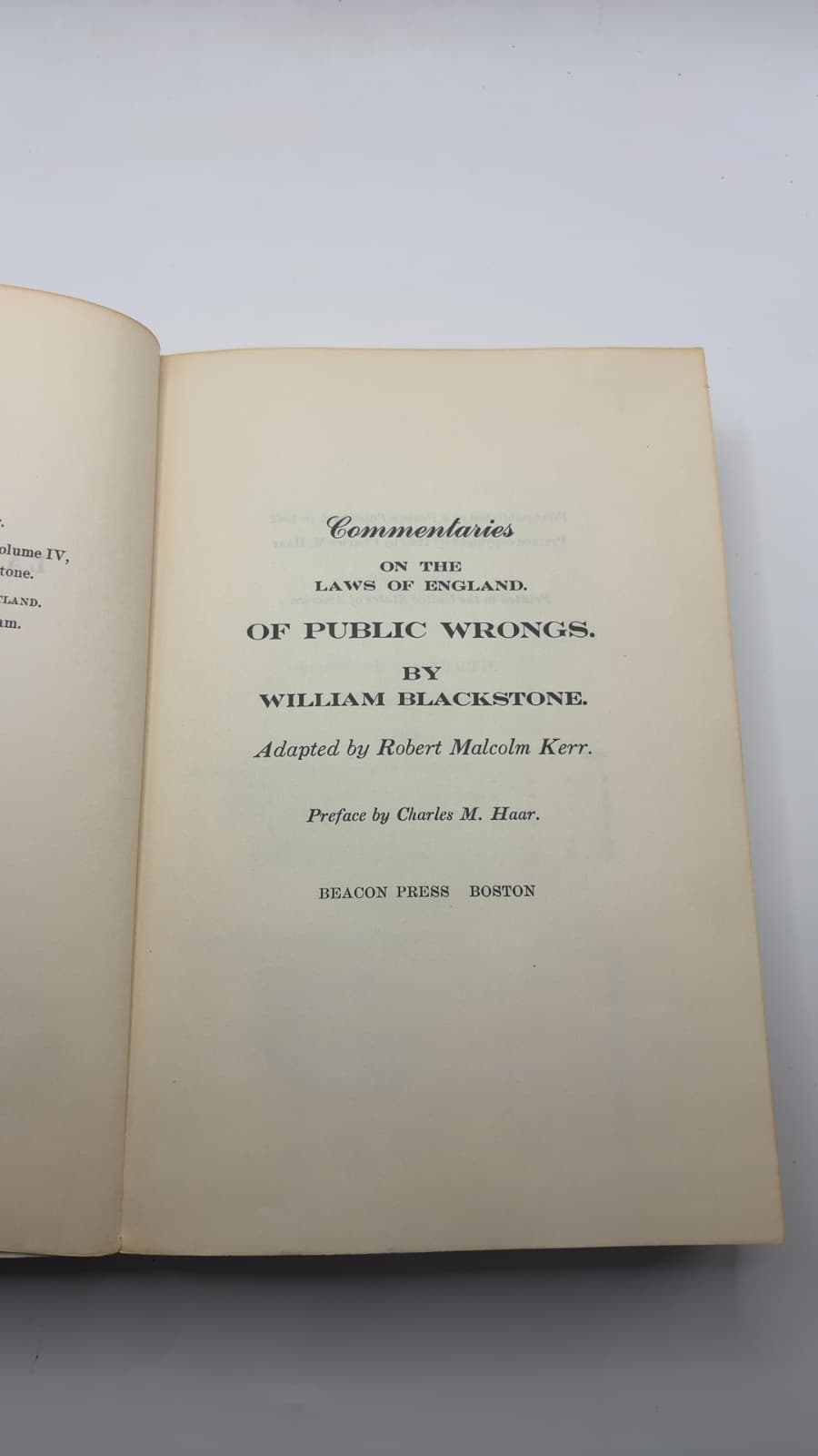 Commentaries on the Laws of England: Of Public Wrongs by William Blackstone - title page
