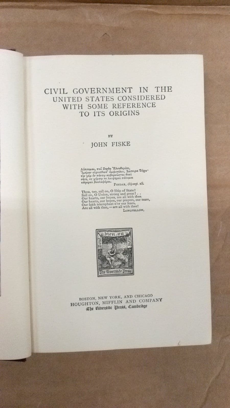 Civil Government in the United States Considered with Some Reference to Its Origins by John Fiske - title page