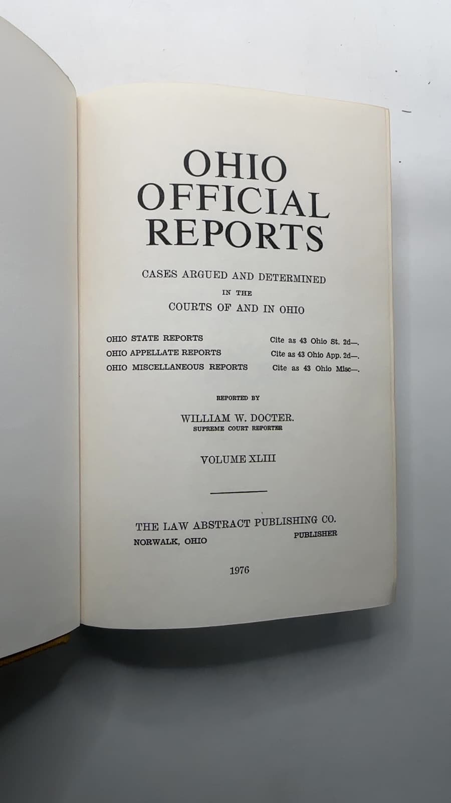 Ohio Official Reports by William W. Docter - title page