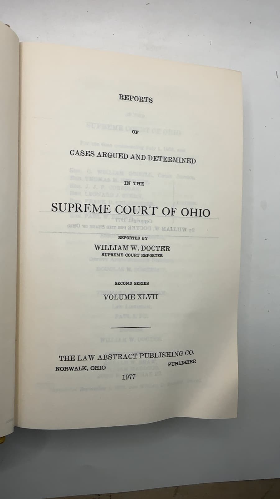 Reports of Cases Argued and Determined in the Supreme Court of Ohio by William W. Docter - title page