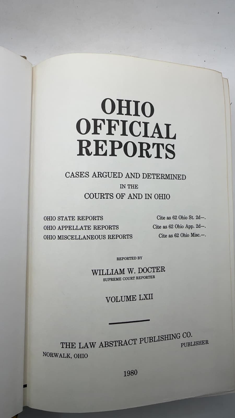 Ohio Official Reports by William W. Docter - title page