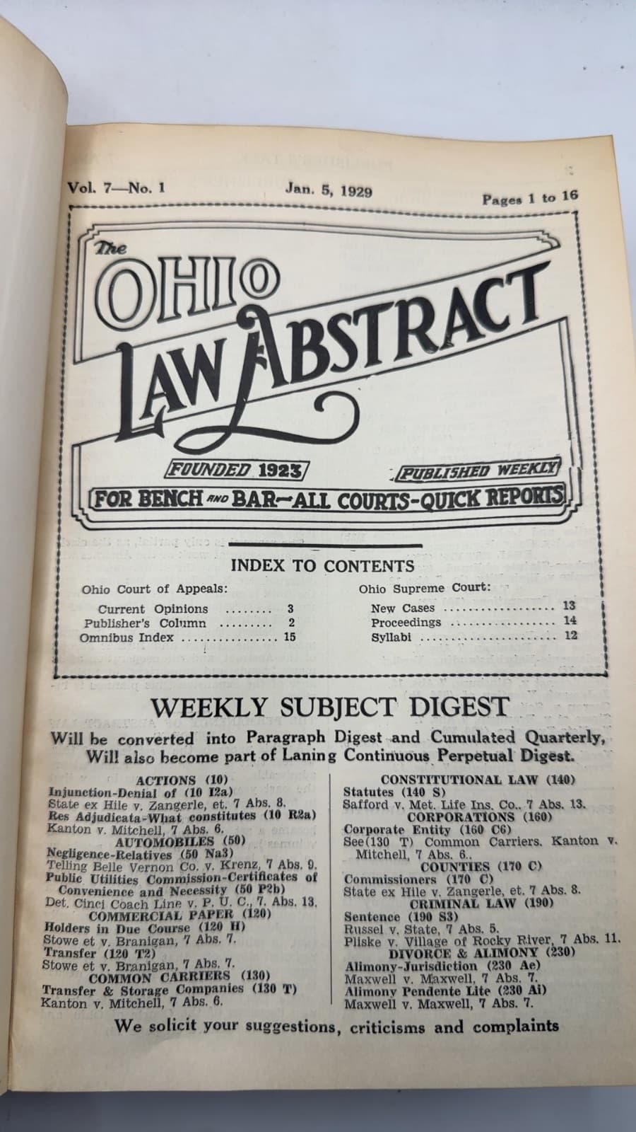 Ohio Law Abstract 7 - title page