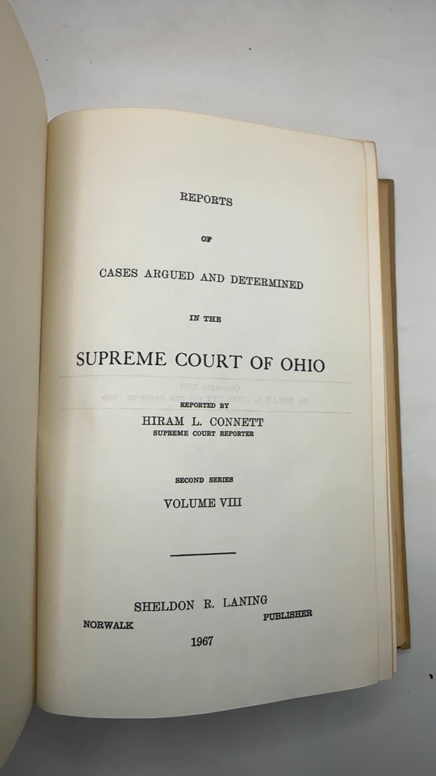 Reports of Cases Argued and Determined in the Supreme Court of Ohio 8 by Hiram L. Connett - title page