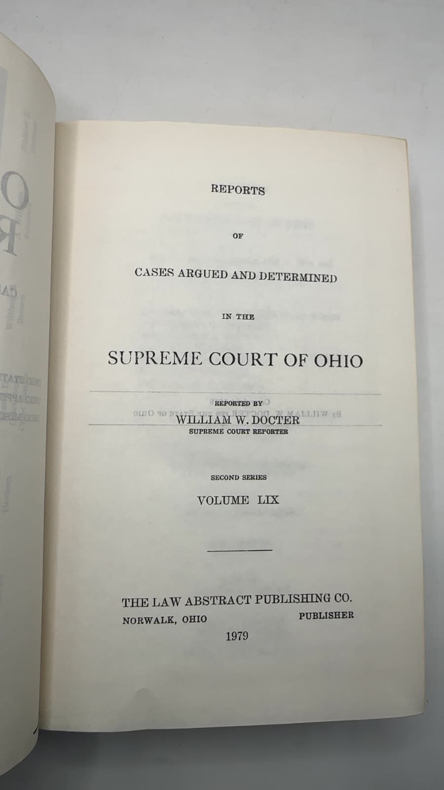 Reports of Cases Argued and Determined in the Supreme Court of Ohio 59 by William W. Docter - title page