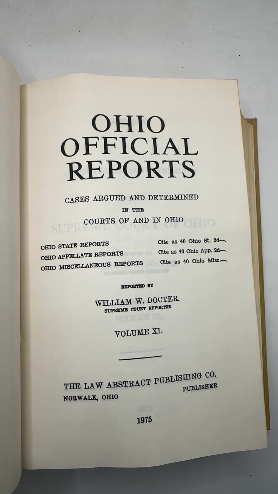 Ohio Official Reports by William W. Docter - title page
