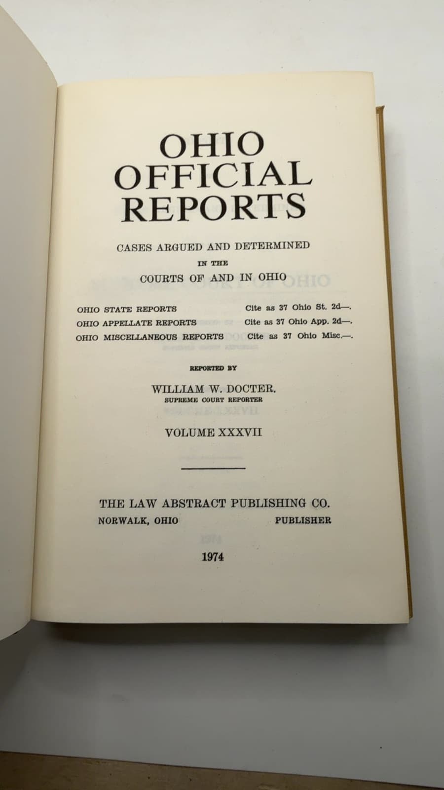 Ohio Official Reports by William W. Docter - title page
