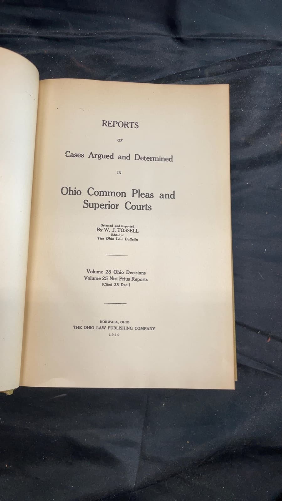 Reports of Cases Argued and Determined in Ohio Common Pleas and Superior Courts by W. J. Tossell - title page