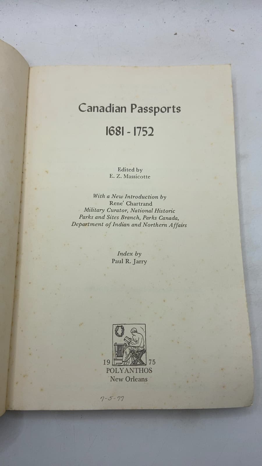 Canadian Passports 1681 - 1752 by E. Z. Massicotte - title page