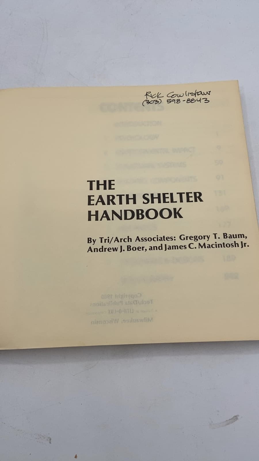 THE Earth Shelter Handbook by Gregory T. Baum, Andrew J. Boer, and James C. Macintosh Jr. - title page
