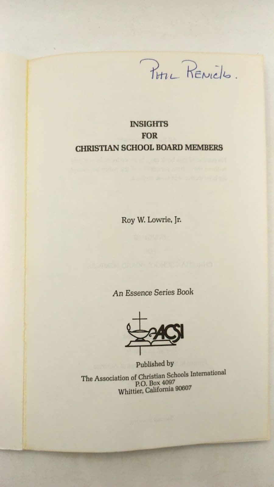 Insights FOR Christian School Board Members by Roy W. Lowrie, Jr. - title page