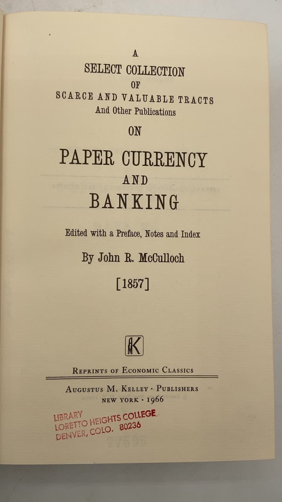 A Select Collection of Scarce and Valuable Tracts on Paper Currency and Banking by John R. McCulloch - title page