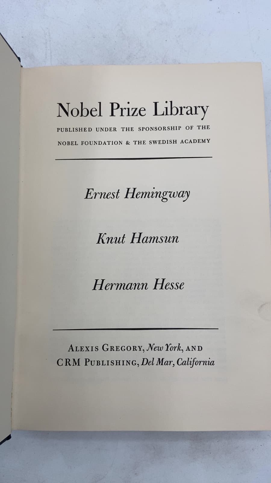 Nobel Prize Library by Ernest Hemingway, Knut Hamsun, Hermann Hesse - title page