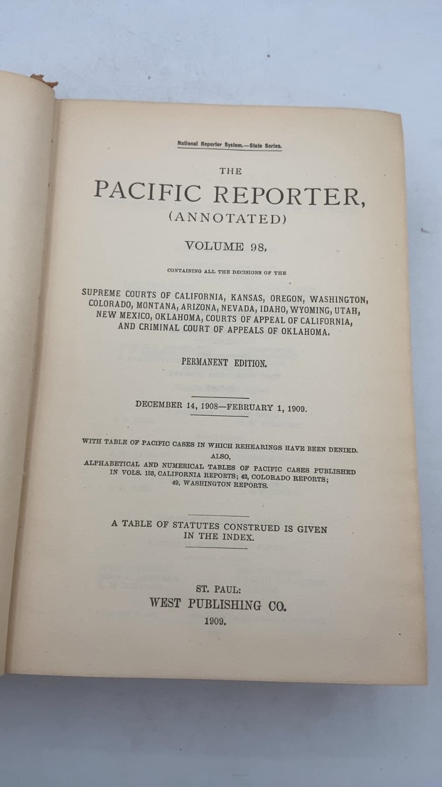 The Pacific Reporter, (Annotated) Volume 98 - title page