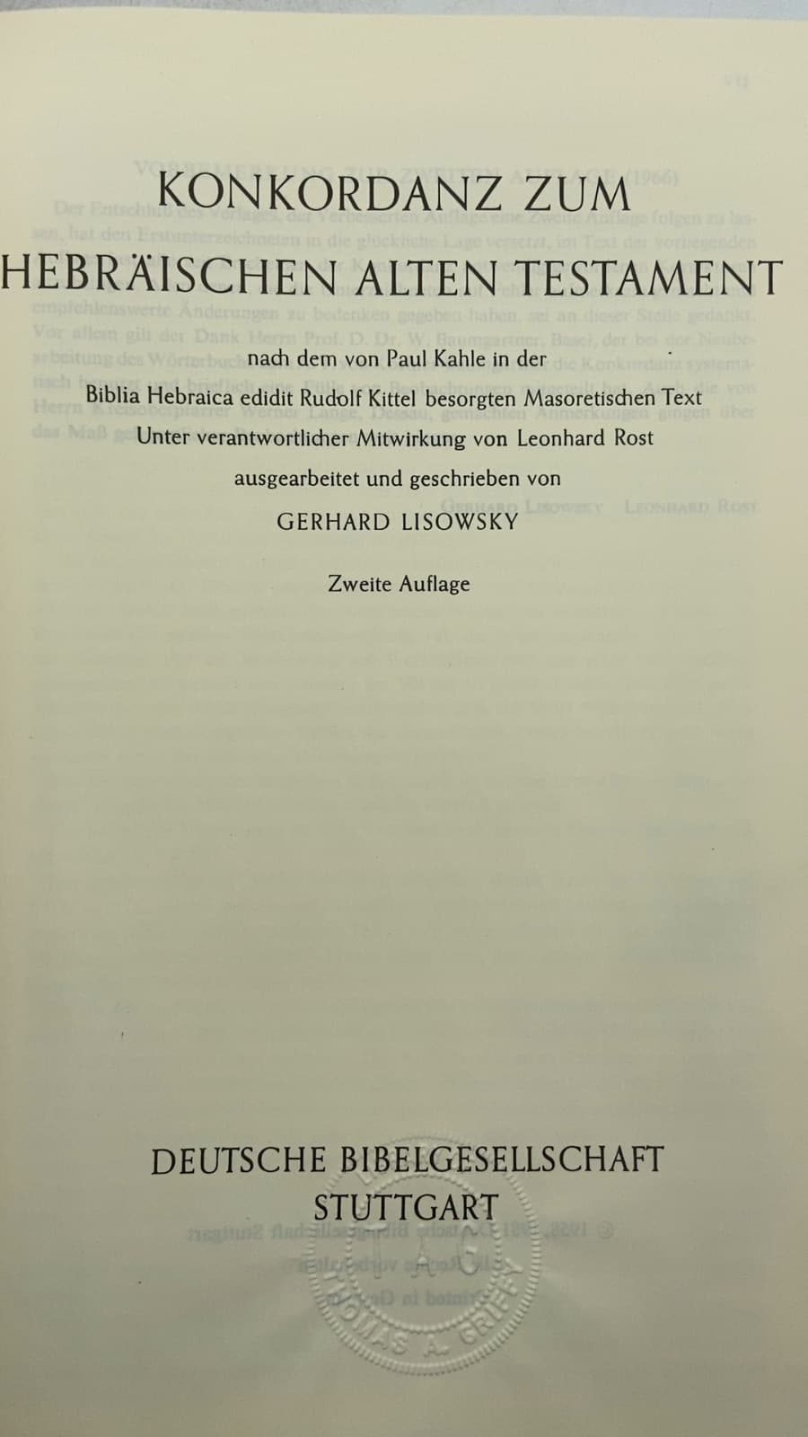 Konkordanz zum Hebräischen Alten Testament by Gerhard Lisowsky - title page