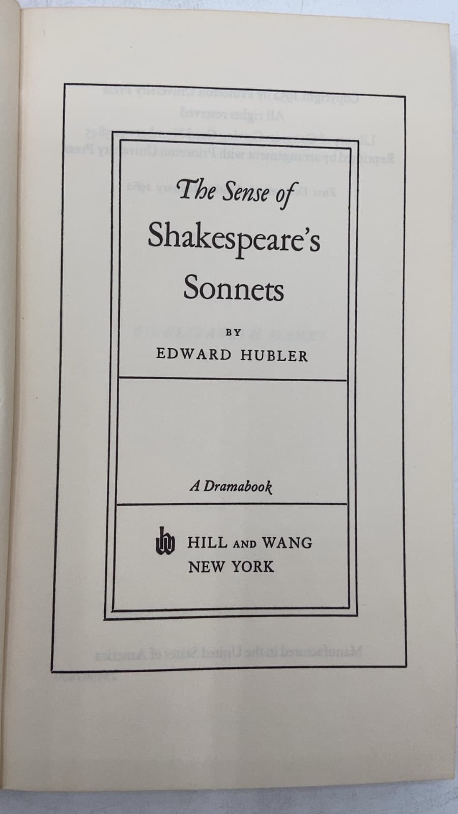 The Sense of Shakespeare's Sonnets by Edward Hubler - title page