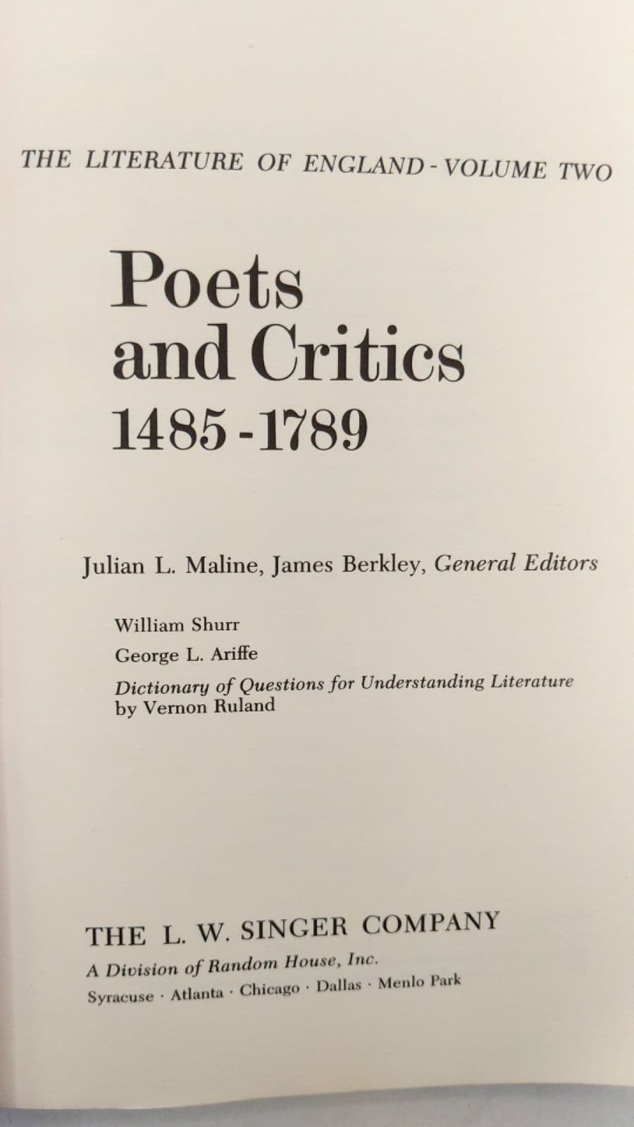 Poets and Critics 1485-1789 (The Literature of England - Volume Two) by Julian L. Maline, James Berkley, General Editors - title page