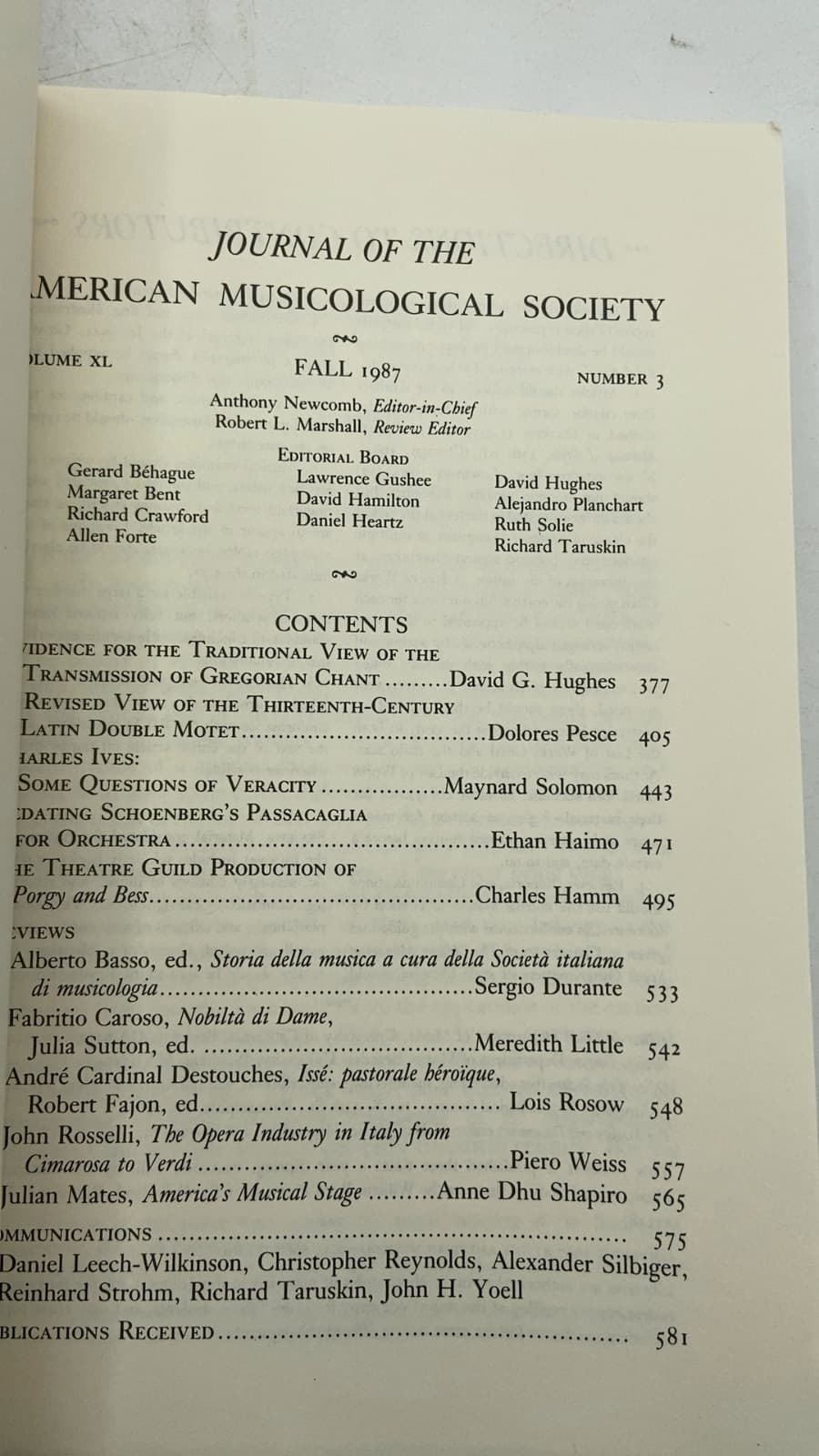 Journal of the American Musicological Society, Volume XL, Number 3 by Anthony Newcomb (Editor-in-Chief) - title page