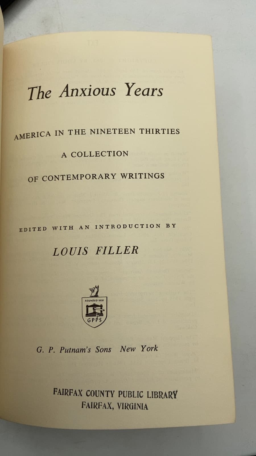 The Anxious Years: America in the Nineteen Thirties by Louis Filler - title page