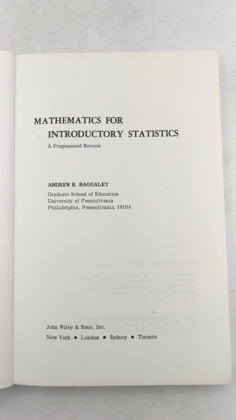 Mathematics for Introductory Statistics: A Programmed Review by Andrew R. Baggaley - title page