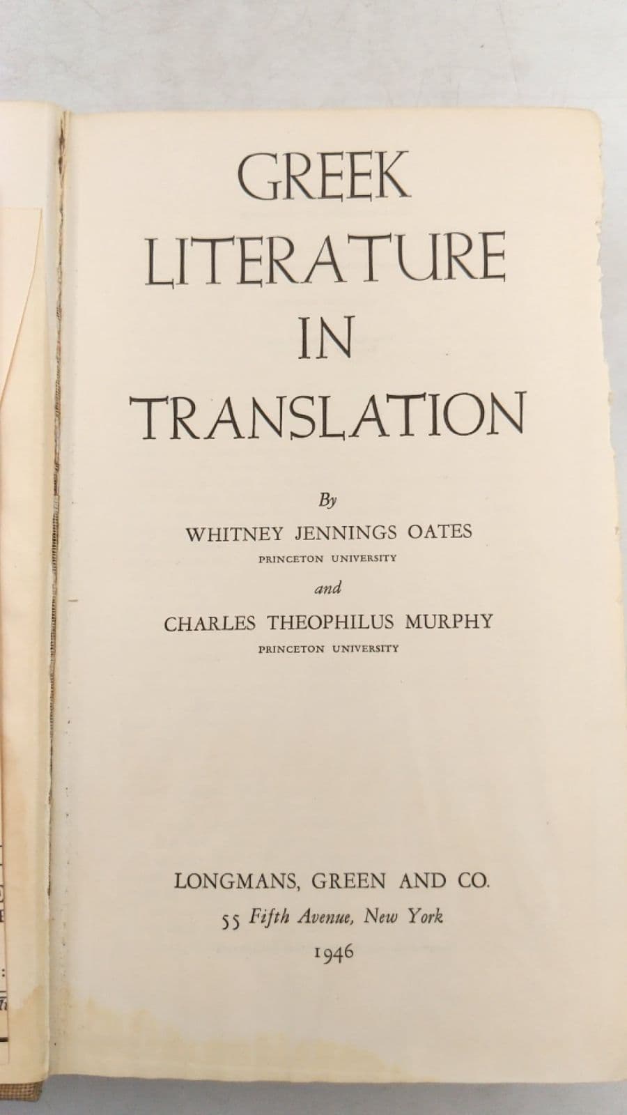Greek Literature in Translation by Whitney Jennings Oates and Charles Theophilus Murphy - title page