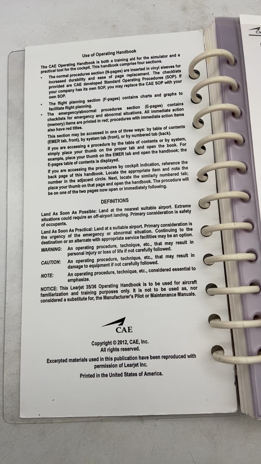 Learjet 35/36 Operating Handbook by CAE, Inc. - title page
