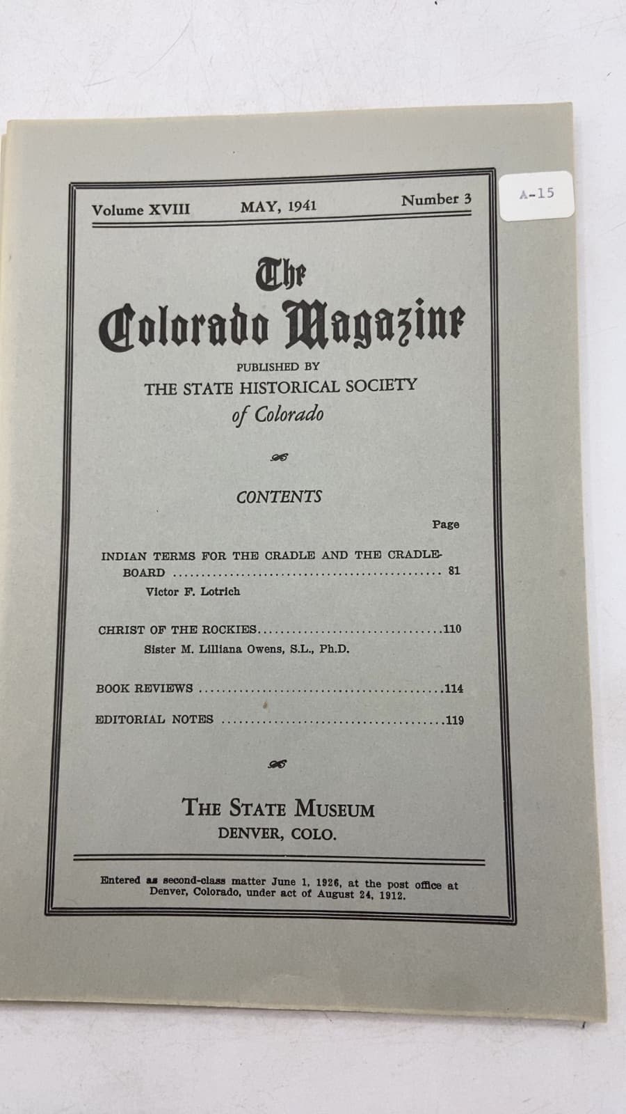 The Colorado Magazine 1941 (number 1-3) by Victor F. Lotrich; Sister M. Lilliana Owens, S.L., Ph.D. - title page