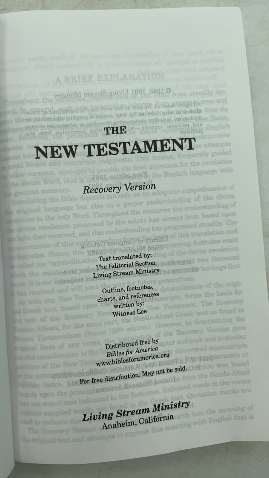 THE NEW TESTAMENT: Recovery Version by Witness Lee; Living Stream Ministry Editorial Section - title page
