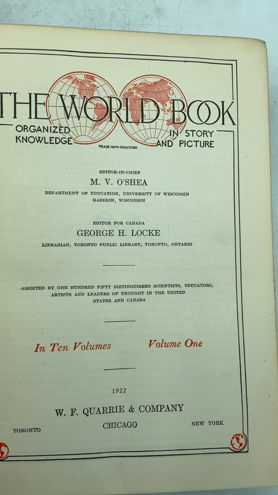 The World Book: Organized Knowledge in Story and Picture (Volume One) by M. V. O'Shea (Editor-in-Chief) - title page