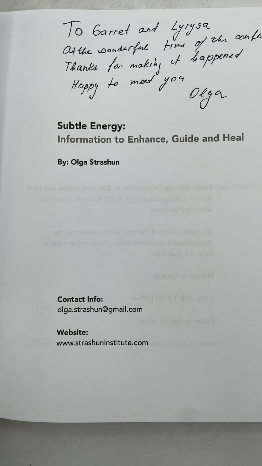 Subtle Energy: Information to Enhance, Guide and Heal, Signed  by Olga Strashun - title page