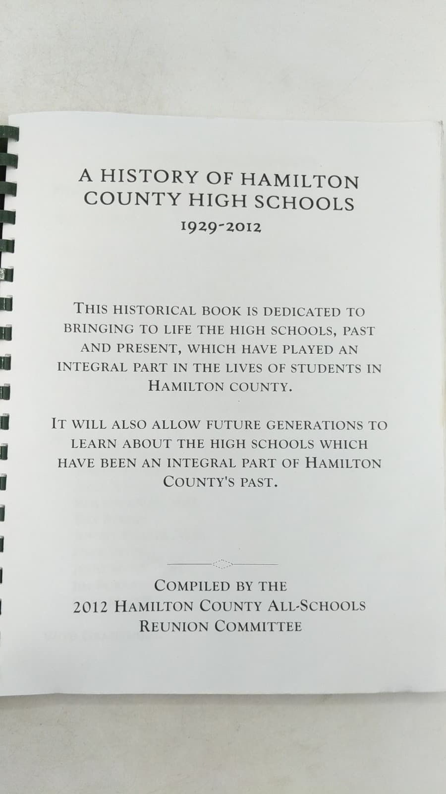 A History of Hamilton County High Schools 1929-2012 by 2012 Hamilton County All-Schools Reunion Committee - title page
