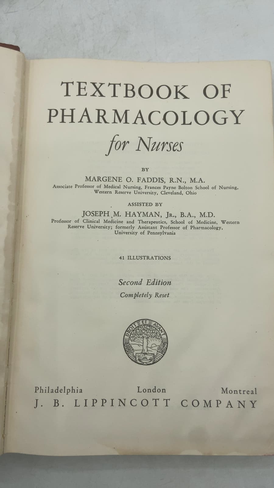 Textbook of Pharmacology for Nurses by Margene O. Faddis, R.N., M.A. and Joseph M. Hayman, Jr., B.A., M.D. - title page