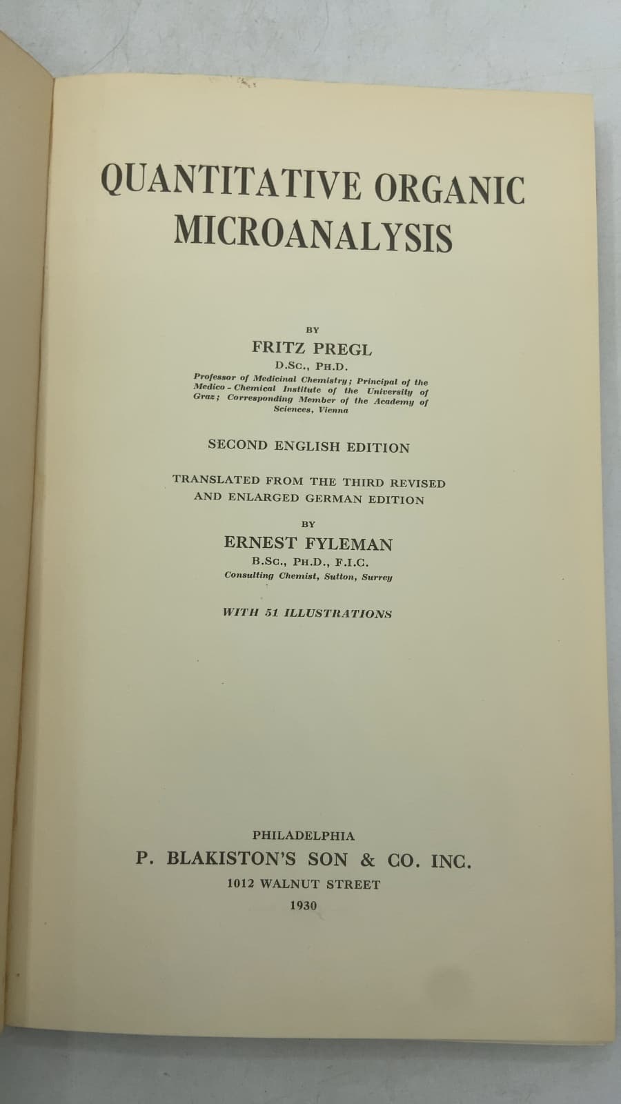 Quantitative Organic Microanalysis by Fritz Pregl - title page