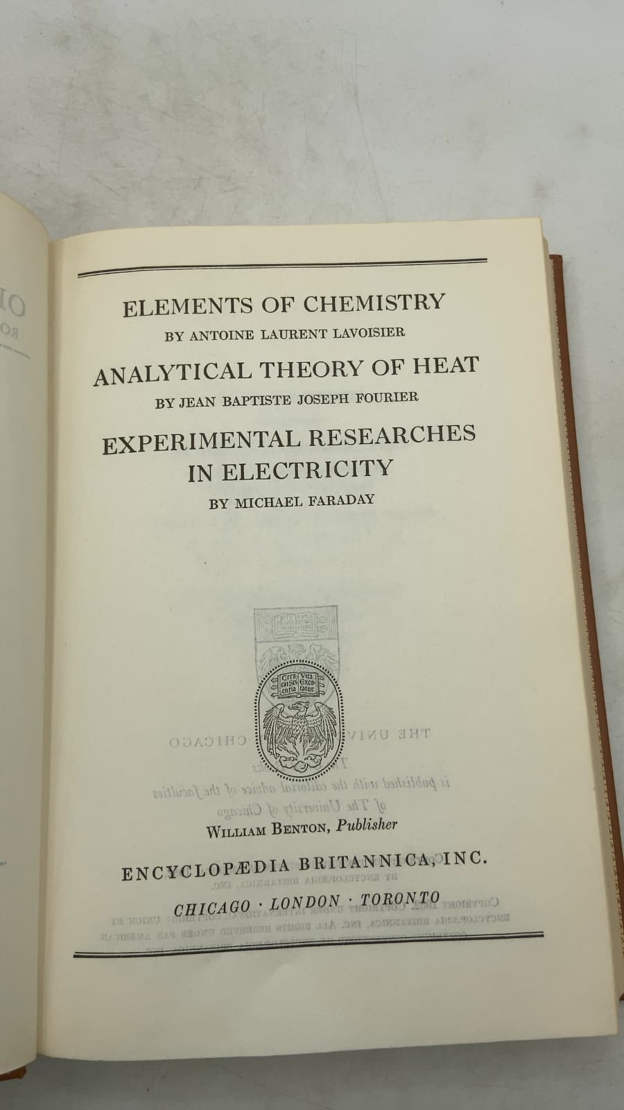 Elements of Chemistry / Analytical Theory of Heat / Experimental Researches in Electricity by Antoine Laurent Lavoisier, Jean Baptiste Joseph Fourier, Michael Faraday - title page