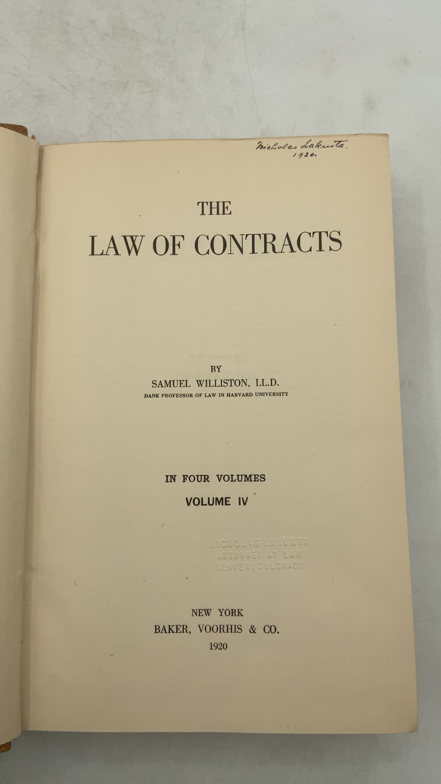 The Law of Contracts, Volume IV by Samuel Williston, LL.D. - title page