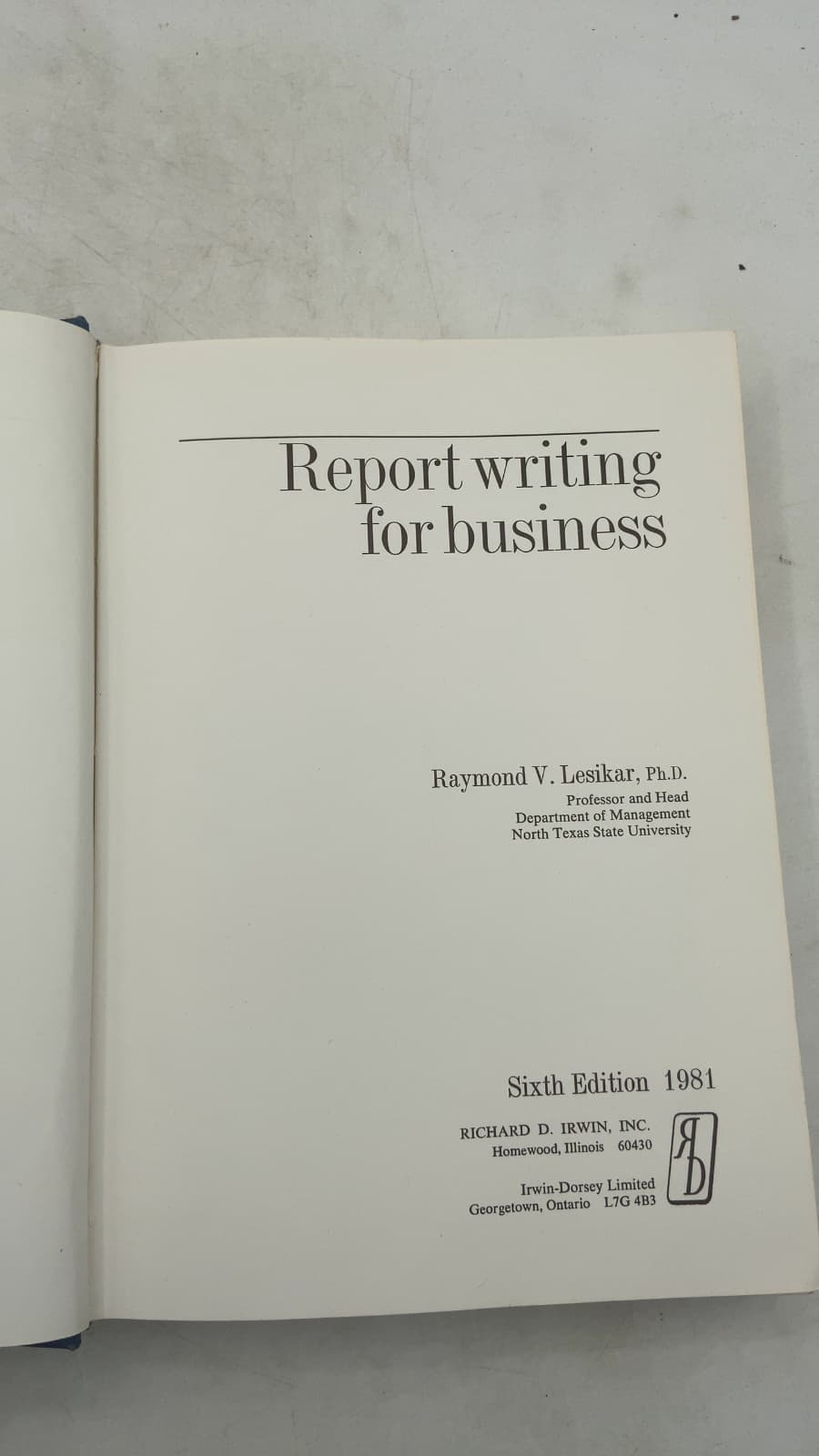 Report writing for business by Raymond V. Lesikar - title page