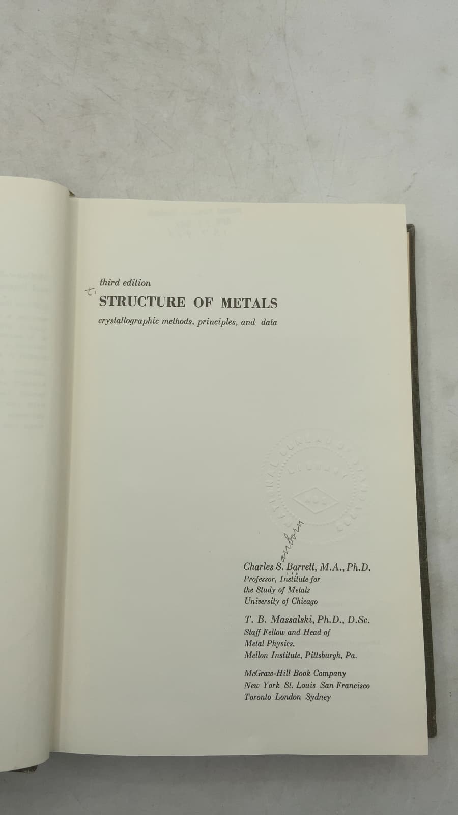 Structure of Metals: Crystallographic Methods, Principles, and Data by Charles S. Barrett and T. B. Massalski - title page
