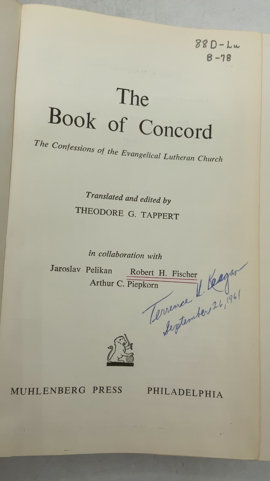 The Book of Concord: The Confessions of the Evangelical Lutheran Church by Theodore G. Tappert - title page