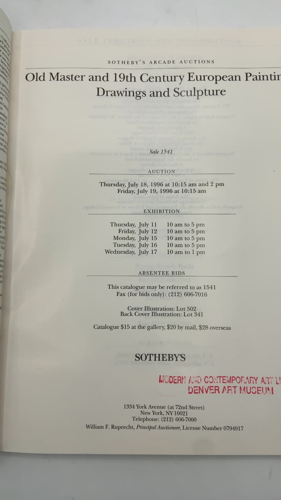 Arcade Auction: Old Master and 19th Century European Paintings, Drawings and Sculpture (Sale 1541) by Sotheby's - title page