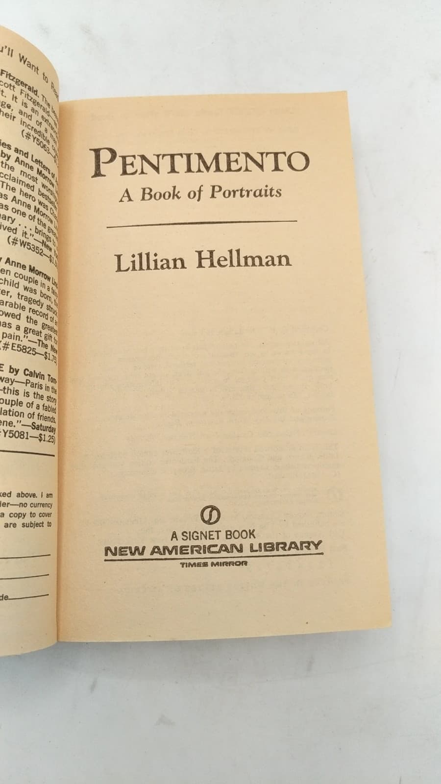 Pentimento: A Book of Portraits by Lillian Hellman - title page