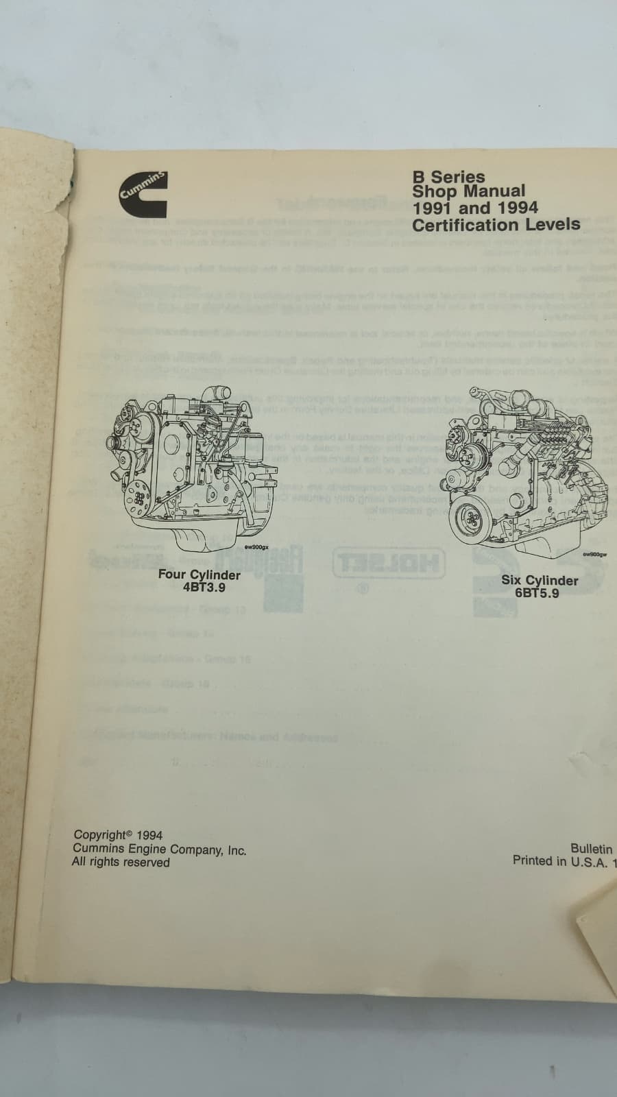 B Series Shop Manual 1991 and 1994 Certification Levels - title page
