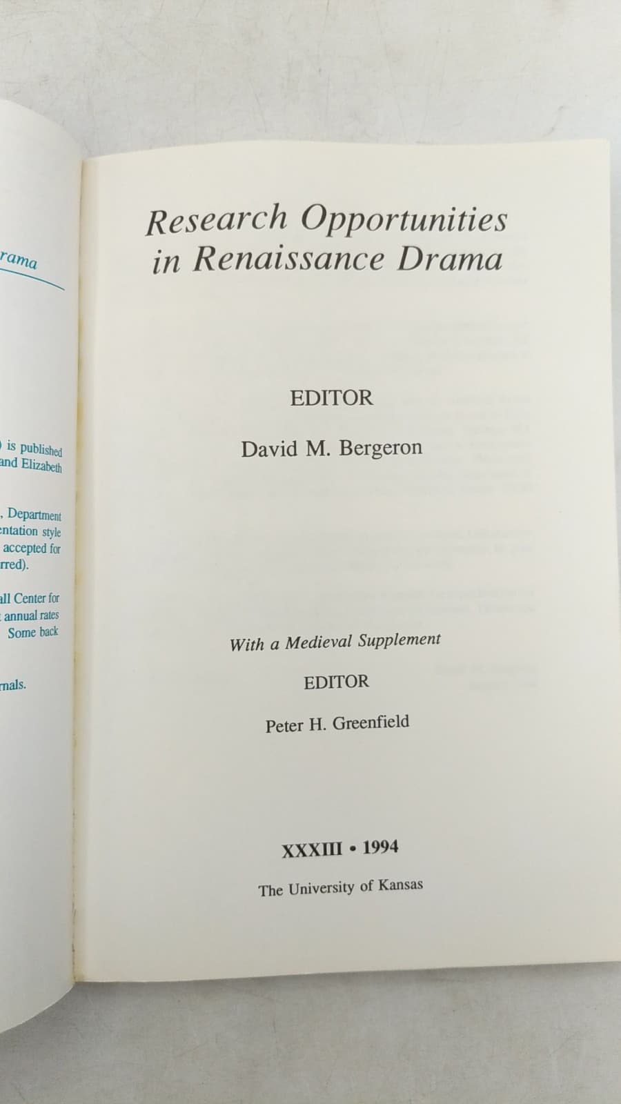 Research Opportunities in Renaissance Drama, XXXIII by David M. Bergeron (Editor) - title page