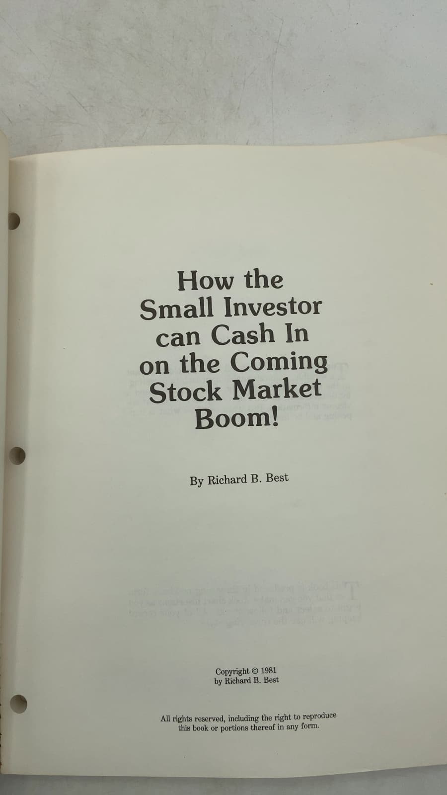 How the Small Investor can Cash In on the Coming Stock Market Boom! by Richard B. Best - title page