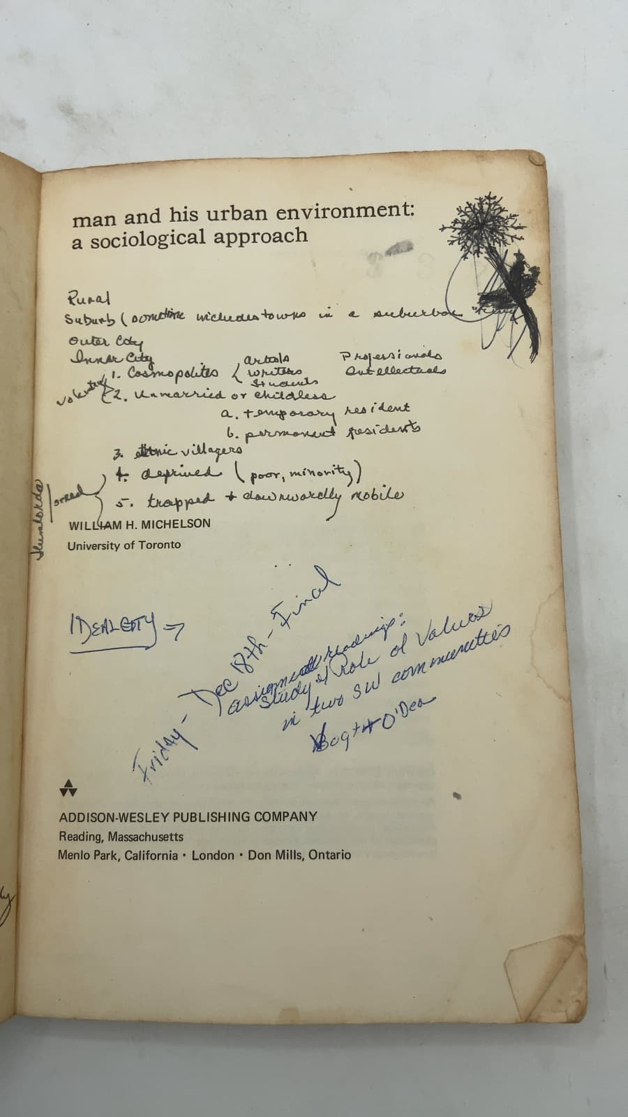 Man and His Urban Environment: A Sociological Approach by William H. Michelson - title page