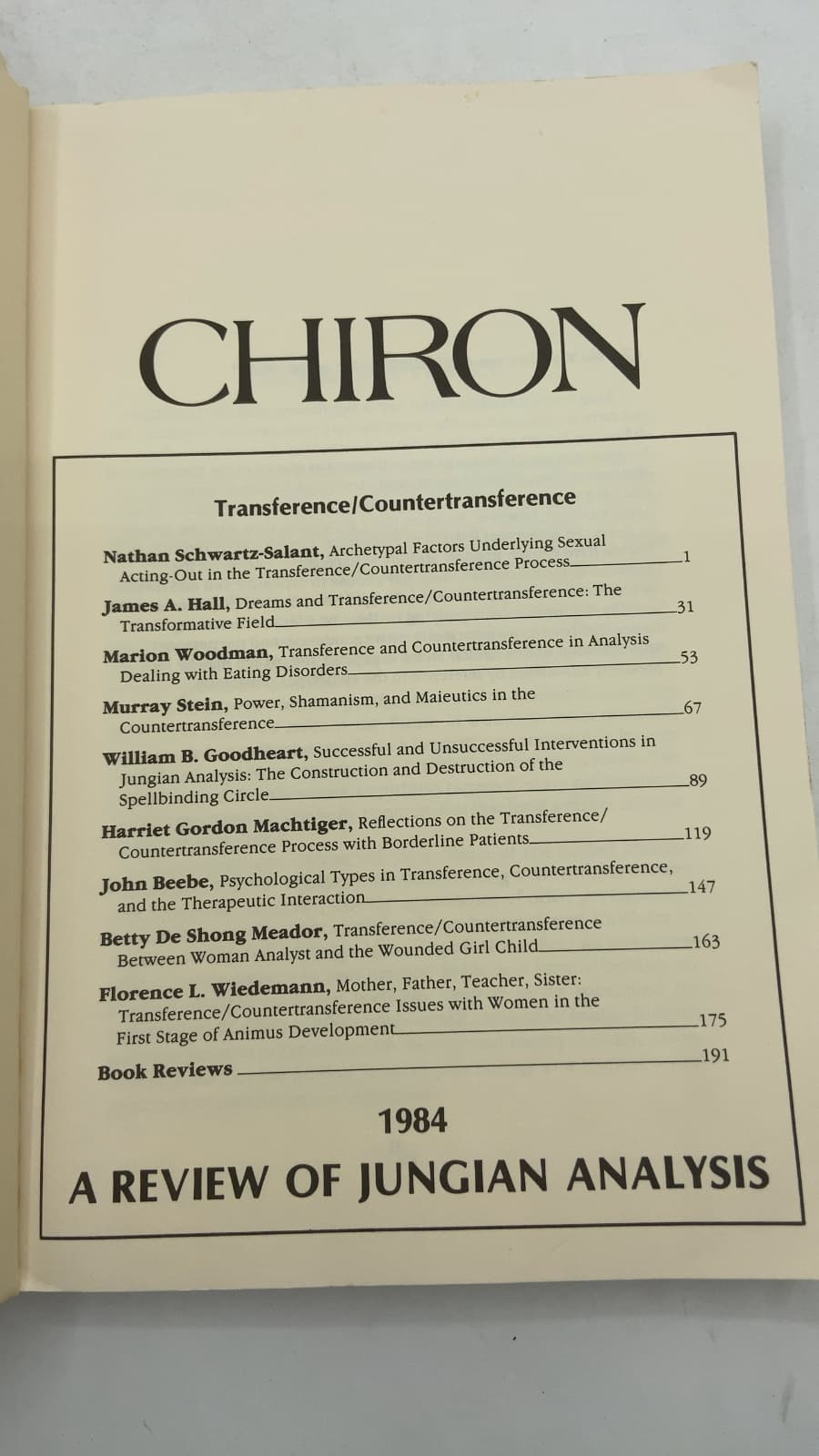 Chiron: A Review of Jungian Analysis, 1984: Transference/Countertransference by Nathan Schwartz-Salant, Murray Stein (Editors) - title page