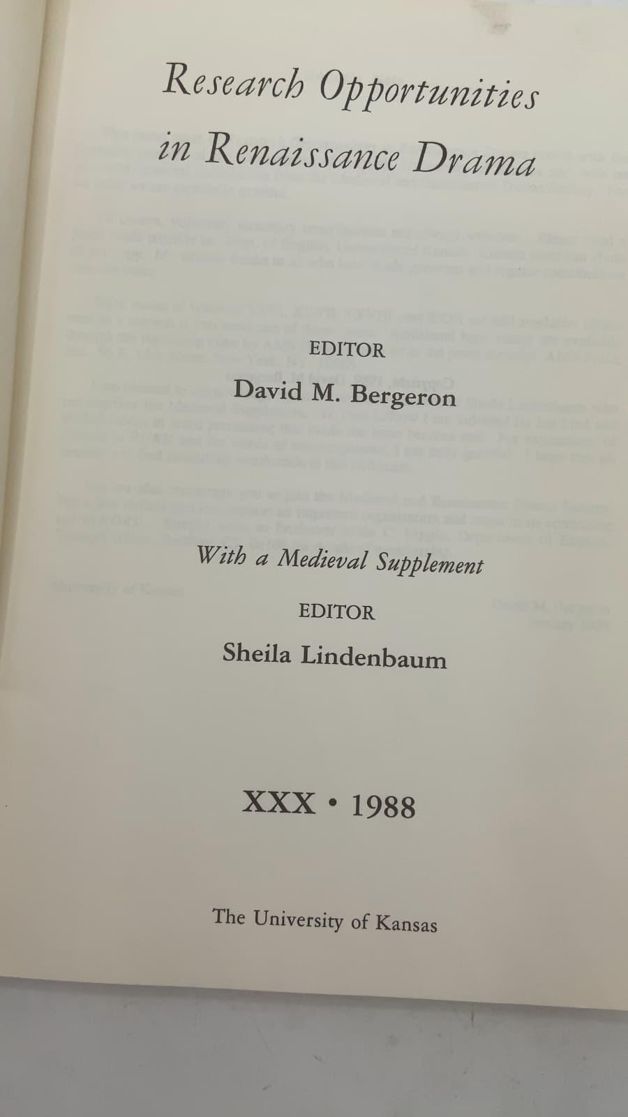 Research Opportunities in Renaissance Drama by David M. Bergeron (Editor), Sheila Lindenbaum (Editor) - title page