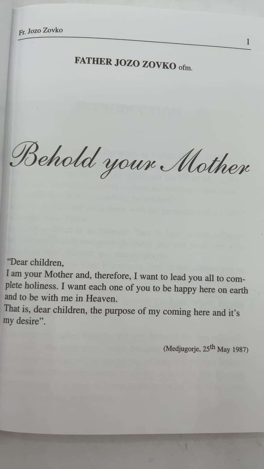 Behold your Mother by Father Jozo Zovko ofm. - title page
