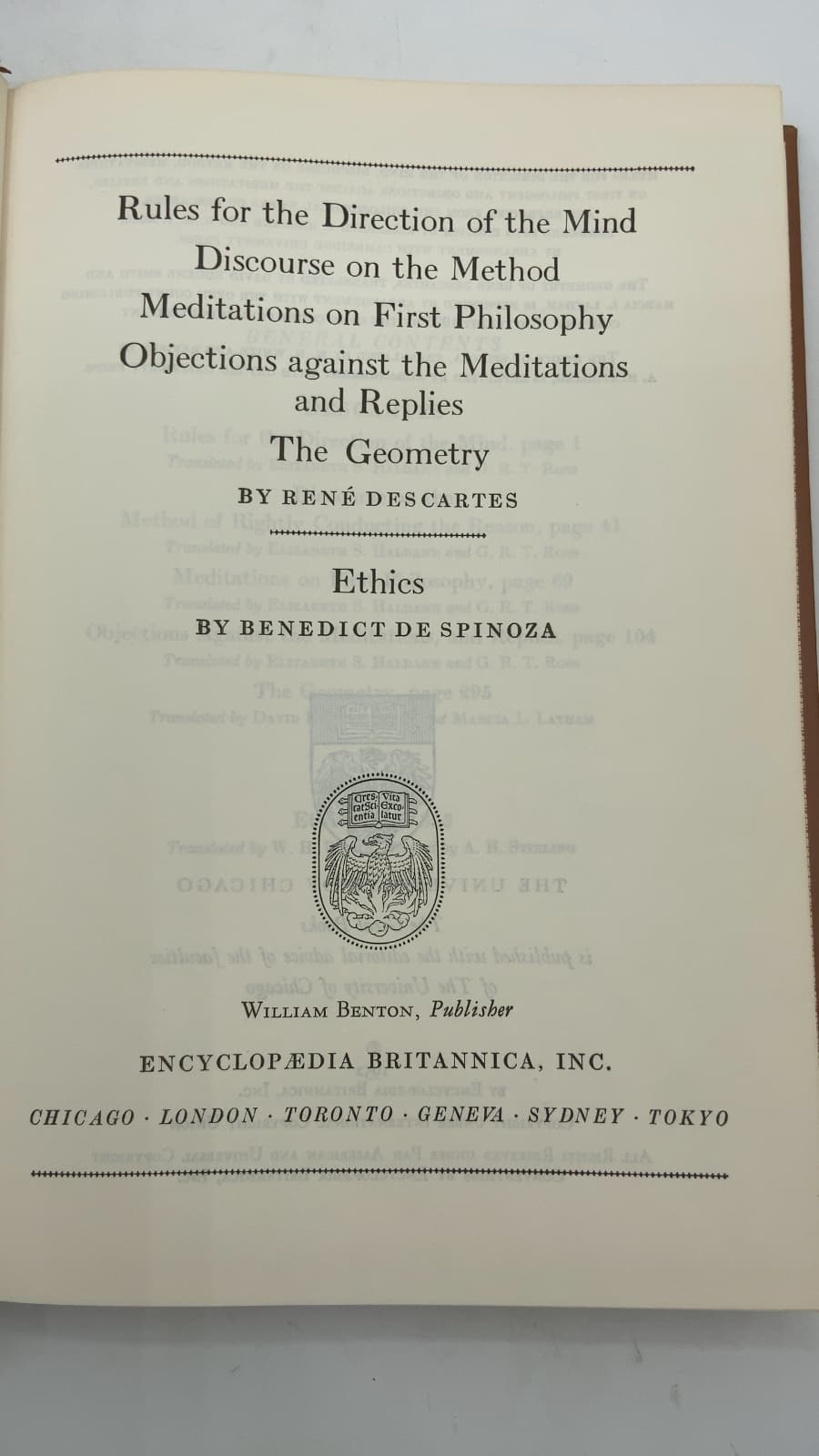 Rules for the Direction of the Mind, Discourse on the Method, Meditations on First Philosophy, Objections against the Meditations and Replies, The Geometry, Ethics by René Descartes, Benedict de Spinoza - title page