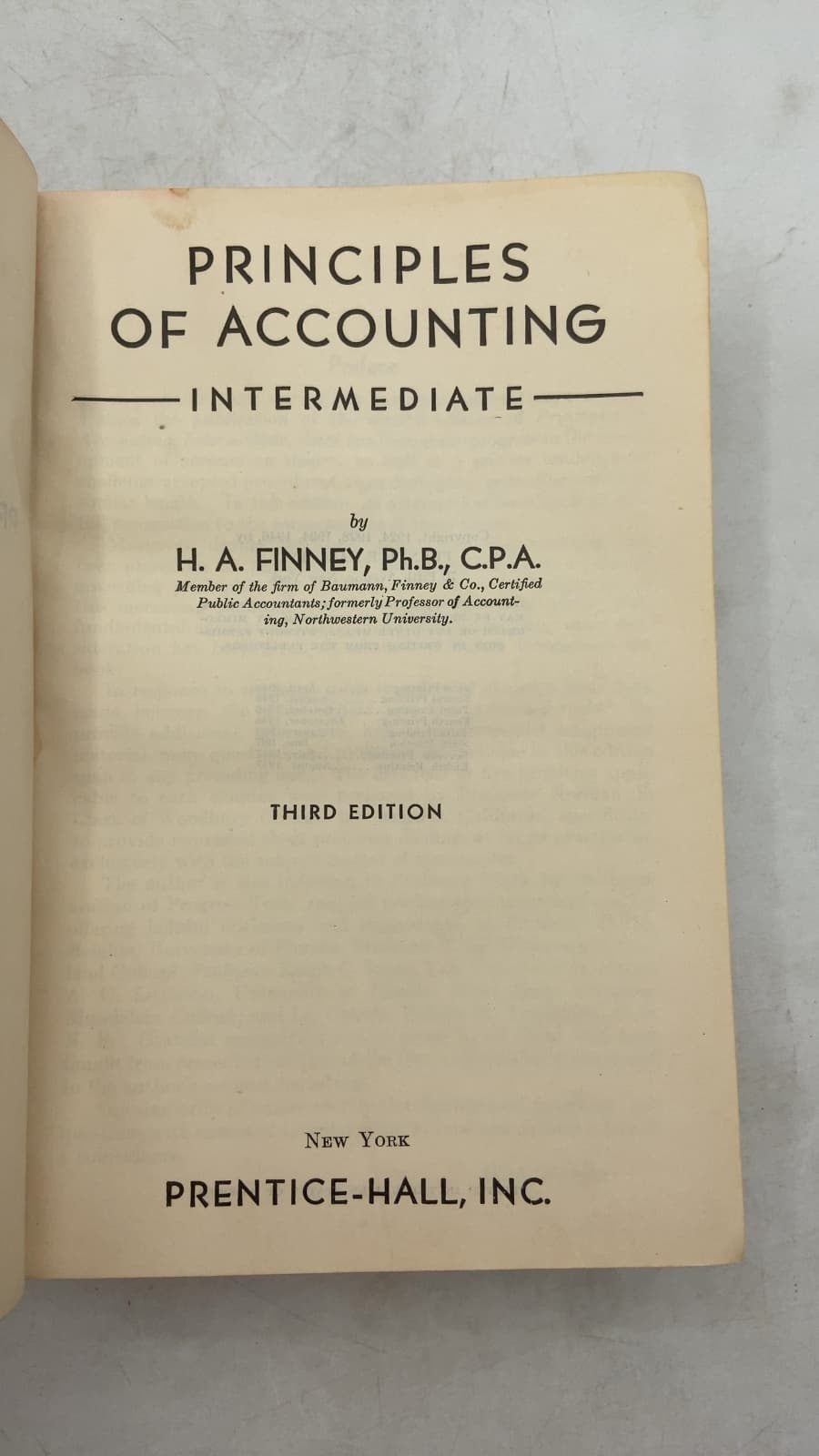 Principles OF Accounting Intermediate by H. A. Finney, Ph.B., C.P.A. - title page