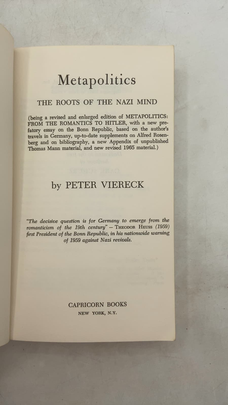 Metapolitics: The Roots of the Nazi Mind by Peter Viereck - title page